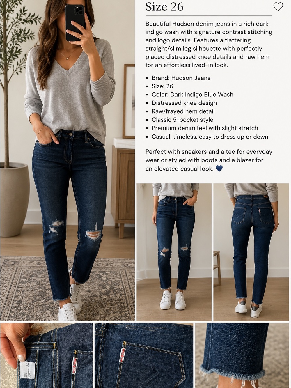 Hudson Jeans Dark Indigo Distressed Straight Leg